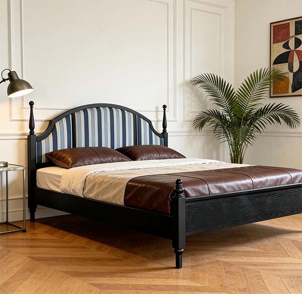 黑胡桃色条纹软包双人床